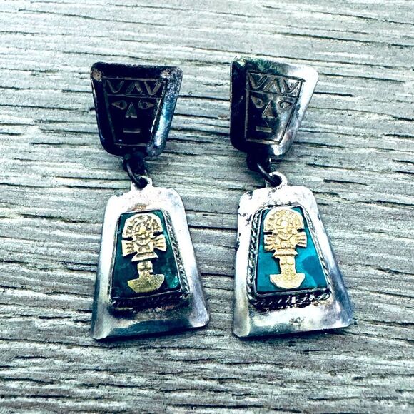 Vintage 925 Sterling Silver Tribal Aztec Earrings - Picture 1 of 4